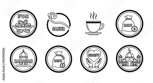 Ramadan icons set iftar dates coffee charity mosque and fasting symbols