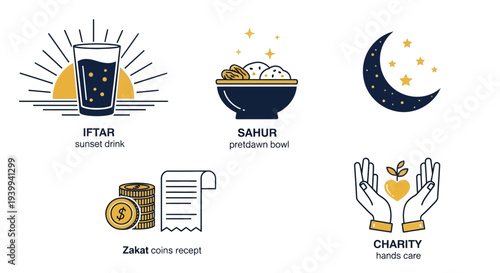 Ramadan icons sunset drink meal bowl moon coins charity hands isolated vector