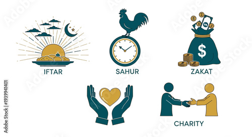 Religious symbols of iftar sahur zakat charity and giving in vector design
