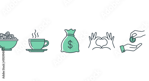 Set of financial and charitable vector icons with outline style in green