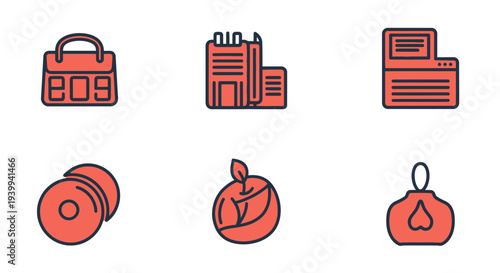 Set of red icons calendar documents computer screen discs apple and candle