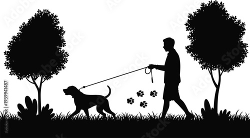 Man walking dog in park silhouette vector illustration, pet owner lifestyle concept, outdoor activity, companionship and healthy daily walk