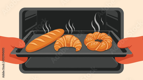 Baker wearing protective red mitts pulls a baking tray with steaming fresh bread and croissants out of a hot kitchen oven.