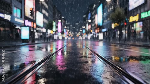 Rainy city street at night with tram tracks and colorful neon reflections, soft bokeh lights create a moody cinematic atmosphere, ideal for urban travel themes