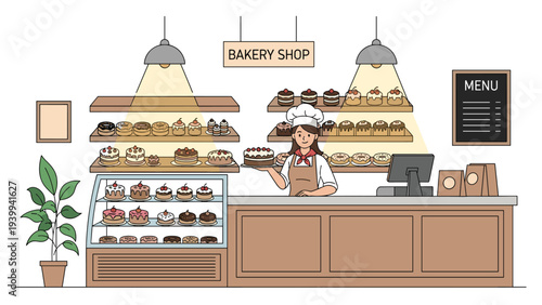 Professional female baker stands behind a bakery counter filled with a variety of colorful cakes, cupcakes, and sweet treats.