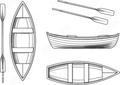 Classic wooden rowing boat illustration with paddles showing top and side view traditional rowboat design isolated nautical watercraft for lake river transport recreation