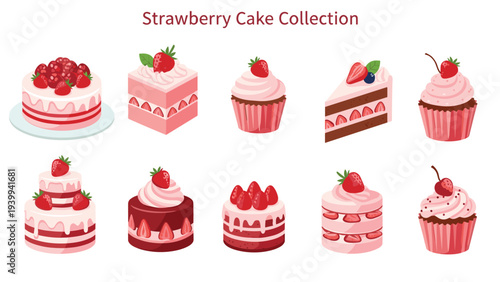 Extensive collection shows ten different strawberry themed desserts including whole cakes, slices, cupcakes, and muffins on white.