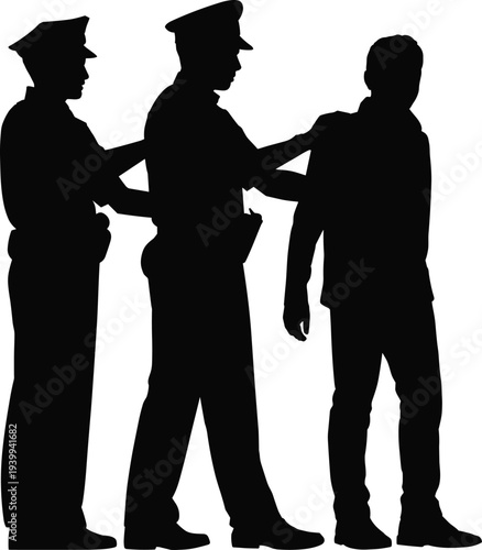 Police officers silhouettes with civilian, arrest scene, law enforcement, public safety, detainment illustration, authority posture, legal procedure, crime prevention artwork