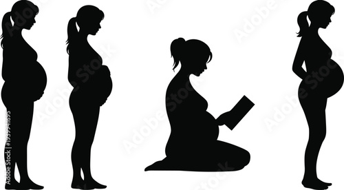 Pregnant women silhouettes, maternity poses, reading book, maternal health, motherhood illustration, pregnancy stages, education, family, expecting mother artwork