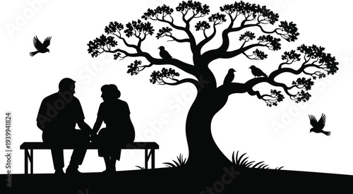 Romantic couple sitting on bench under tree with birds silhouette vector illustration, love relationship concept, peaceful nature moment and companionship