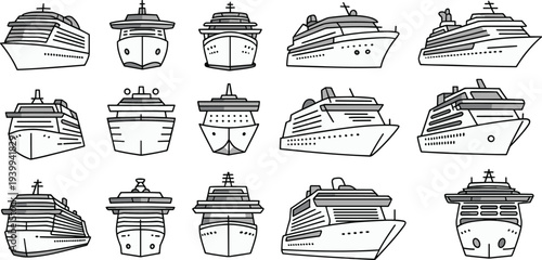 Cruise ship outline icon collection showing multiple passenger liner views and angles, maritime travel vector set for nautical transport tourism design