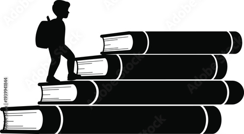 Student climbing stack of books silhouette vector illustration, education growth concept, learning progress, knowledge ladder, academic success and personal development idea