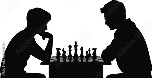 Two people playing chess silhouette vector illustration, strategy game competition concept, thinking challenge, intellectual battle and board game decision making