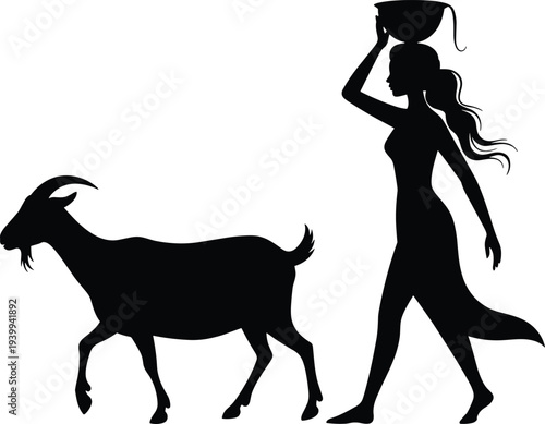 Village woman carrying water pot on head walking with goat silhouette vector illustration, rural lifestyle, traditional culture and countryside daily life