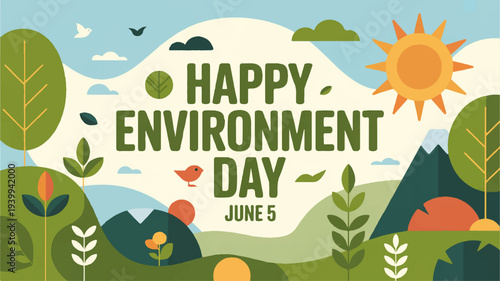 Happy environment day june 5th illustration with green landscape sun and eco friendly message
