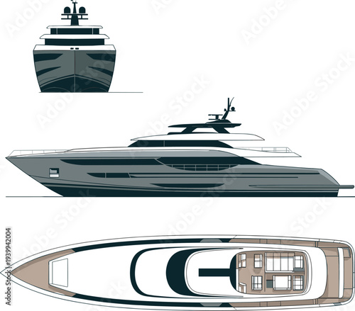 Luxury yacht orthographic vector illustration with front side and top deck views of modern superyacht, detailed maritime transport design for nautical travel concept