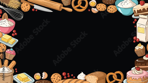 Frame made of various baking ingredients, tools, and finished pastries like cookies and cakes surrounds a black center space.