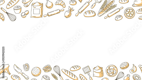 Top and bottom borders are created with line drawn baking tools and ingredients like flour, eggs, and bread on a white background.