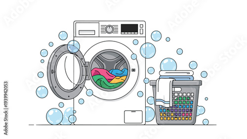 Modern white front loading washing machine is surrounded by soap bubbles next to a plastic basket full of clean laundry.