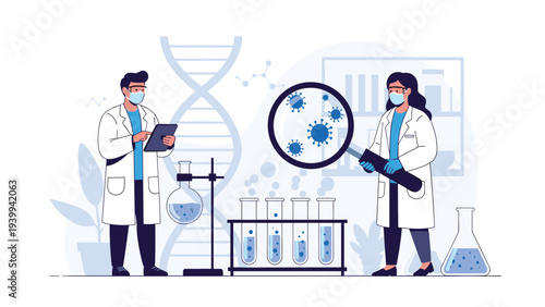 Two scientists wearing protective masks and lab coats conduct medical research with test tubes and a large magnifying glass.