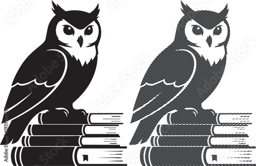 Two wise owls perched on a stack of books symbolizing knowledge and learning