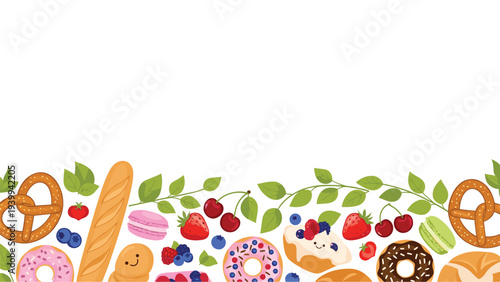 Bottom border features a delightful array of colorful illustrated pastries, donuts, berries, and green leaves on a white background.