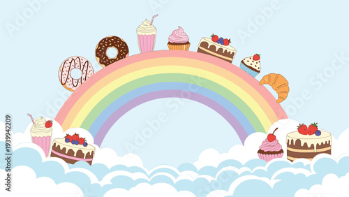 Bright colorful rainbow arches over fluffy white clouds and is decorated with various sweets like cakes, donuts, and milkshakes.