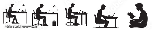 young man playing on laptop silhouette style