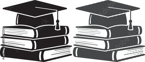 Graduation caps resting on stacks of books symbolizing academic achievement and education