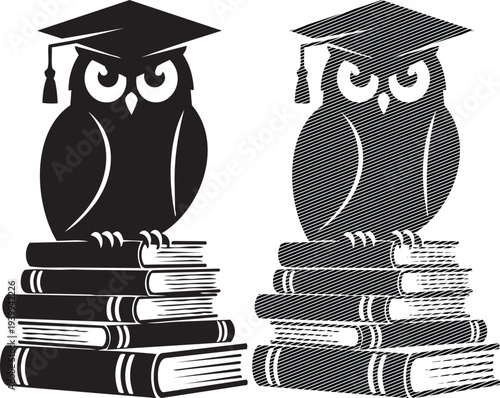 Two owls wearing graduation caps atop stacks of books symbolizing education and knowledge