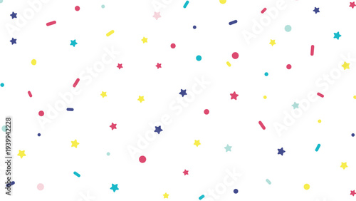 Background pattern features a vibrant mix of colorful sprinkles, stars, and dots scattered across a plain white surface.