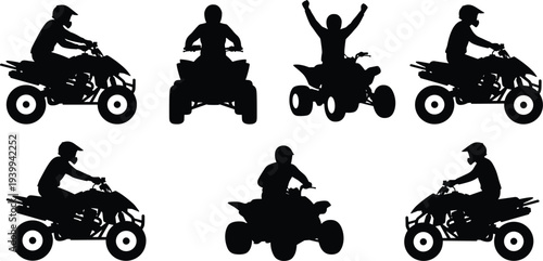 Action-packed collection of black ATV quad bike silhouettes featuring riders in various poses including racing, jumping, and celebrating for extreme sports graphic design projects