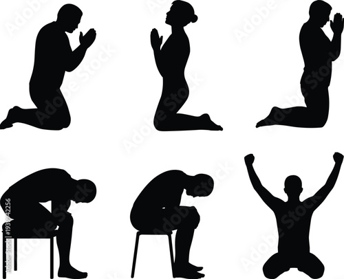 Silhouette figures in prayer, meditation, contemplation, sadness, victory, spiritual worship, emotional expression, kneeling, seated posture, human body language illustration