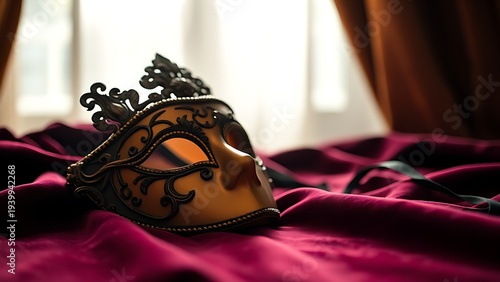 amrit. Ornate Venetian mask resting on dark velvet fabric, soft light highlighting its decorative details. event programs, museum guides, designed for cultural heritage projects and event programs.