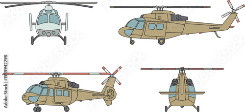 Vector military utility helicopter orthographic views set showing front side top and rear angles, detailed flat illustration isolated for aviation design reference collection