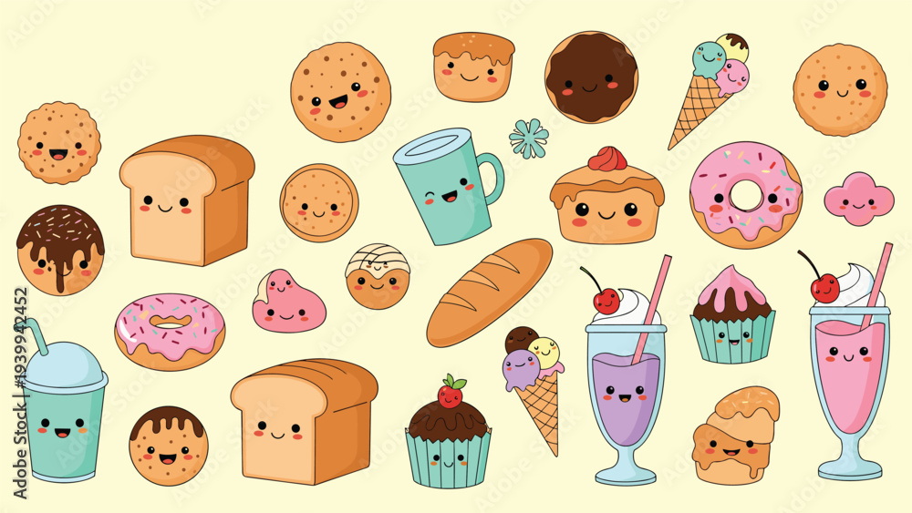 Fototapeta premium Collection of adorable kawaii food and drink characters including bread, cookies, donuts, ice cream, and milkshakes with cute smiling faces.