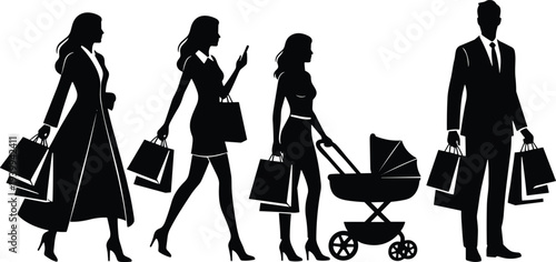 Black Shopping Silhouette Vector Set Featuring Fashionable Women And Businessman Carrying Shopping Bags And Mother Pushing Stroller For Retail Consumerism Lifestyle And Commercial Design