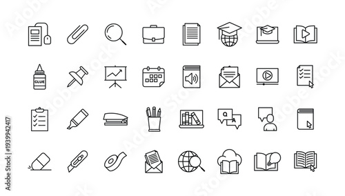Education and Office Stationery Line Icon Set, Book, File, Calendar, Communication