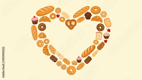 Heart shape formed by a variety of delicious bakery items including bread, croissants, donuts, muffins, and cookies on a warm yellow background.