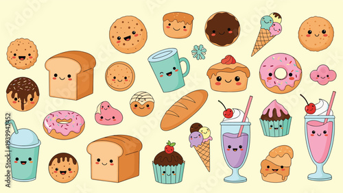 Collection of adorable kawaii food and drink characters including bread, cookies, donuts, ice cream, and milkshakes with cute smiling faces.