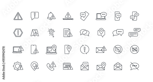 Warning and Notification Line Icon Set. Chat, Message, Email, Alert Symbols