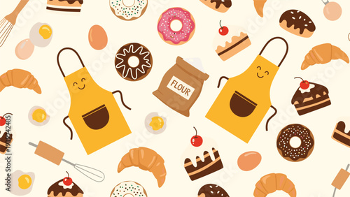 Charming seamless pattern depicts baking essentials like happy aprons, bags of flour, fresh eggs, donuts, and cupcakes on a cream background.