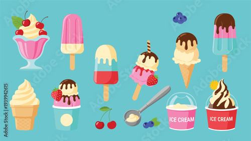 Extensive collection of diverse ice cream treats including cones, popsicles, sundaes, and cups with fruit and chocolate toppings.