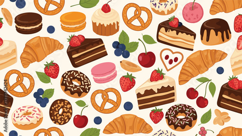 Vibrant seamless pattern showcases a wide array of sweet treats including cakes, donuts, macarons, and fresh berries on a cream background.