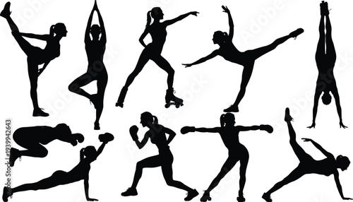 Black Silhouette Collection of Athletic Women Practicing Various Sports Including Yoga, Boxing, Roller Skating, Gymnastics, and Fitness Exercises for Health and Wellness Graphic Designs