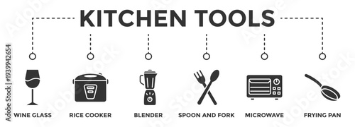Kitchen tools web banner icon set vector illustration concept consists of Wine Glass,Rice Cooker,Blender,Spoon and Fork,Microwave,frying Pan icon live stroke and easy to edit