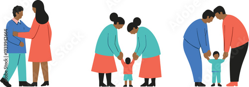 Parents with children family care moments flat vector illustration set, mother father supporting and raising kids