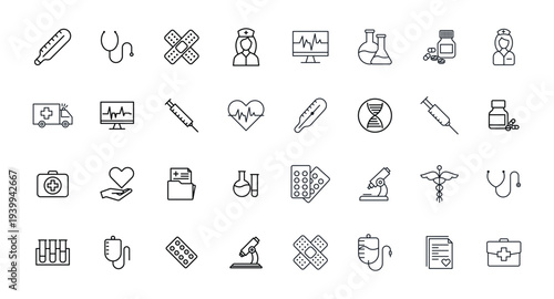Medical Healthcare Line Icon Set. Hospital, Clinic, Stethoscope, Syringe, Ambulance Vector Icons