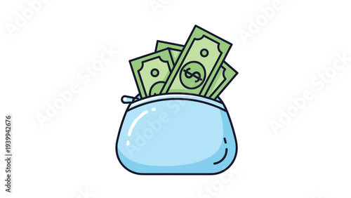 Simple blue coin purse with several green US dollar bills sticking out of it is centered on a clean white background.