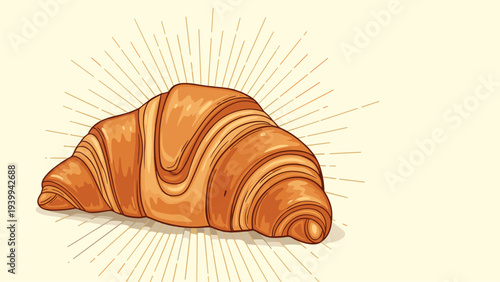Large golden-brown flaky croissant is featured as a centerpiece with radiating sunburst lines on a soft cream background.